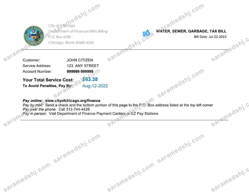 USA Illinois Chicago water, sewer, garbage, tax bill Word and PDF template